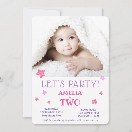 2歳の誕生日パーティー かわいいピンクの星の招待状 招待状 (正面)