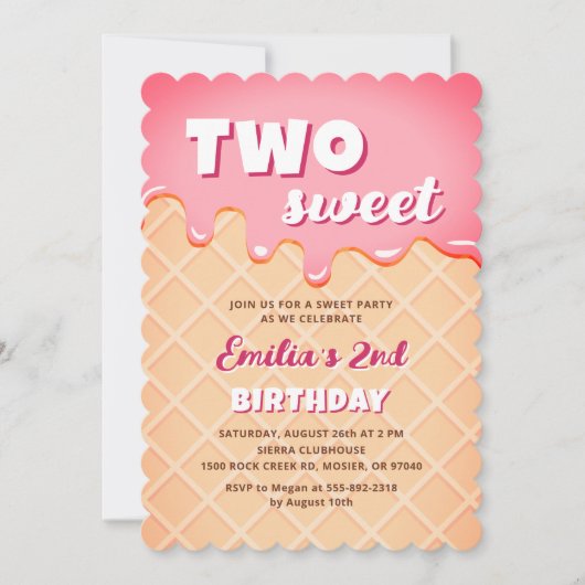 2歳の誕生日パーティー アイスクリームの夏の女の子 招待状 (正面)