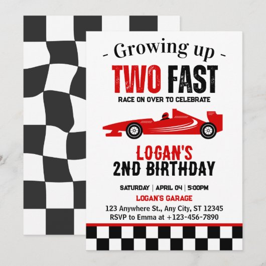 2歳の誕生日パーティー レーシングカーボーイ 招待状 (正面/裏面)