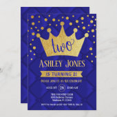 2歳の誕生日パーティー - ロイヤルブルー ゴールド 招待状 (正面/裏面)