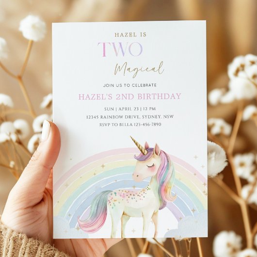 2歳の誕生日パーティー 二つの魔法のユニコーンと虹 招待状