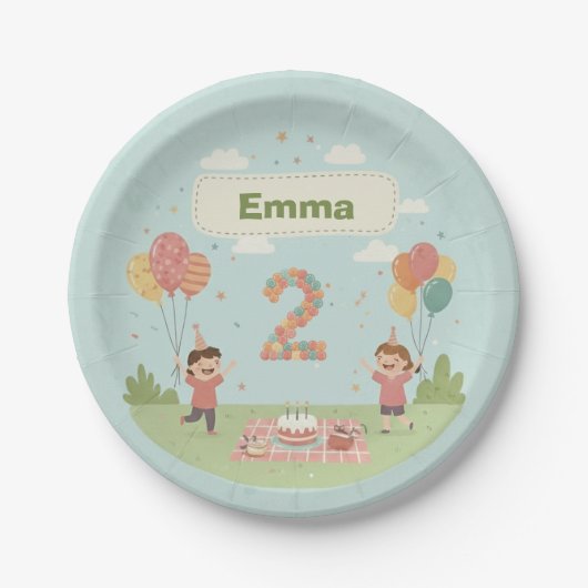 2歳の誕生日ピクニック、かわいいレトロスタイル ペーパープレート (正面)