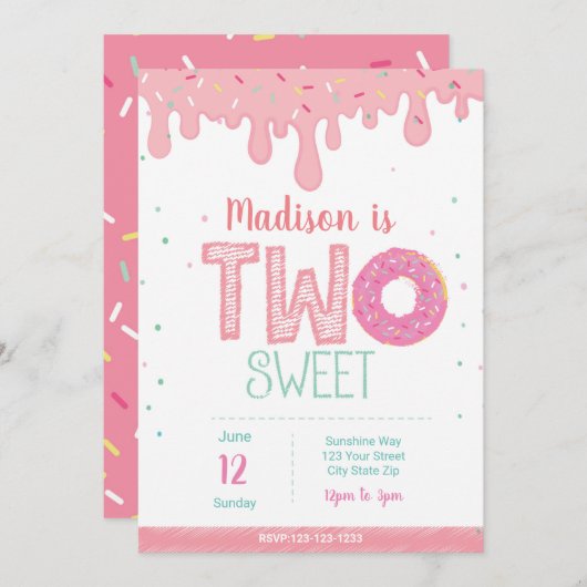 2歳の誕生日ピンクドーナツ招待状 招待状 (正面/裏面)
