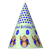 2歳の誕生日モンキーキッズブルーグリーン パーティーハット (正面)