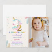 2歳の誕生日ユニコーンバースデー招待状(写真付き) 招待状 (正面/裏面)