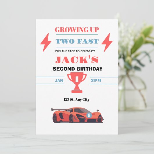 2歳の誕生日レーシングカーペーパーインビテーション 男の子用 招待状 (スタンド正面)