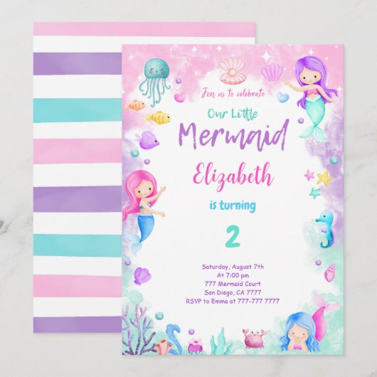 2歳の誕生日人魚の招待状 招待状 (正面/裏面)