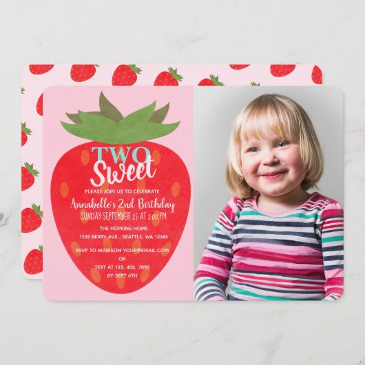 2歳の誕生日写真「ツースイートストロベリーキッズ」 招待状 (正面/裏面)