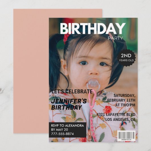 2歳の誕生日招待状ガールマガジン表紙 招待状 (正面/裏面)