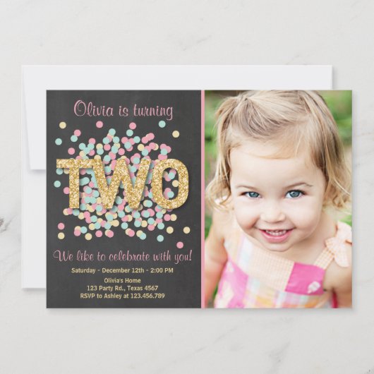 2歳の誕生日招待状 女の子 ピンク ゴールド ミント ツー 招待状 (正面)