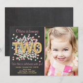 2歳の誕生日招待状 女の子 ピンク ゴールド ミント ツー 招待状 (正面/裏面)