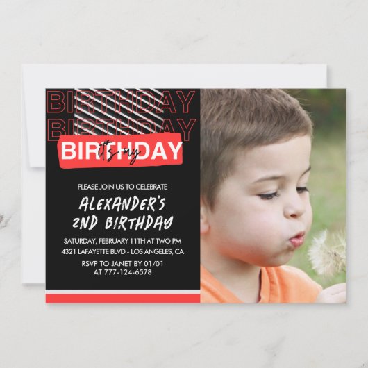 2歳の誕生日招待状 少年 パーティー 写真 赤 招待状 (正面)