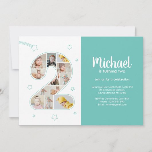 2歳の誕生日男子 数字2 カスタム写真コラージュ 招待状 (正面)