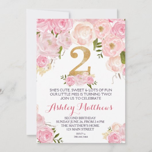 2歳の誕生日2人目の美しいフローラ招待状、 招待状 (正面)
