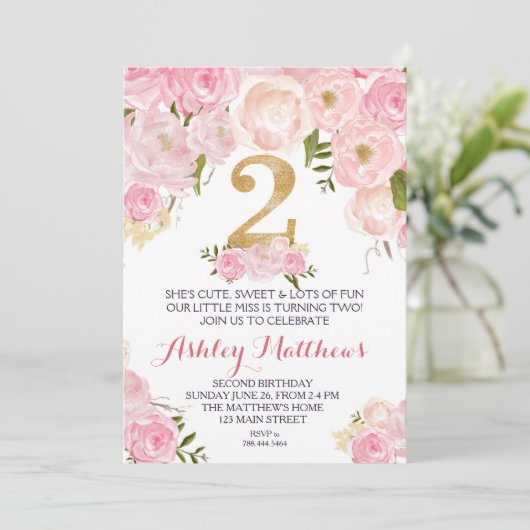 2歳の誕生日2人目の美しいフローラ招待状、 招待状 (スタンド正面)