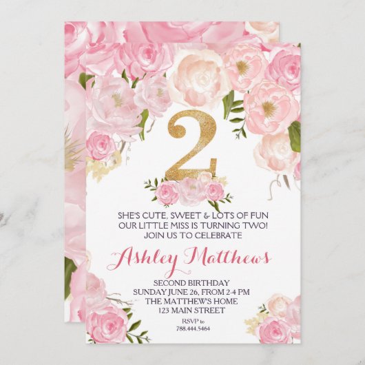 2歳の誕生日2人目の美しいフローラ招待状、 招待状 (正面/裏面)