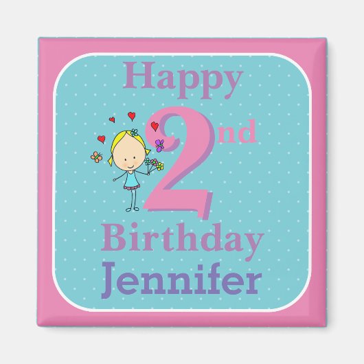 2歳の誕生日、お誕生日おめでとう、女の子 マグネット (正面)