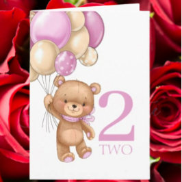 2歳の誕生日 かわいいピンクの風船の女の子 テディカード カード