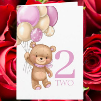 2歳の誕生日　かわいいピンクの風船の女の子 テディカード カード