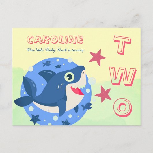 2歳の誕生日 かわいい サメ 海 黄緑 インビテーションポストカード (正面)