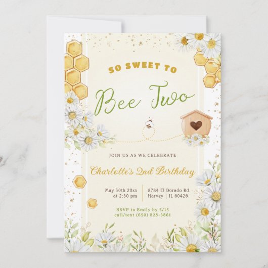 2歳の誕生日 スウィートビー ツーガール ハチミツの蜂 招待状 (正面)