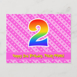 2歳の誕生日:ピンクのストライプとハート、虹色の2 ポストカード