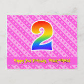 2歳の誕生日:ピンクのストライプとハート、虹色の2 ポストカード (正面)