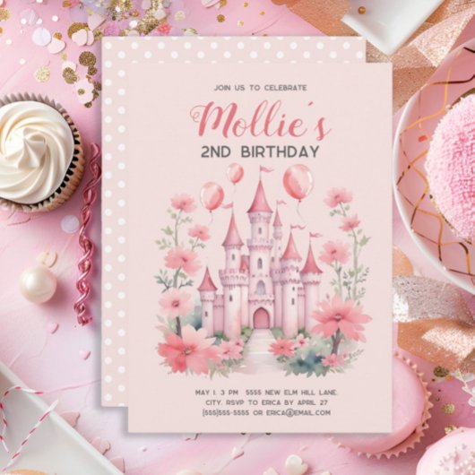 2歳の誕生日 ピンクのプリンセス城バルーン 招待状