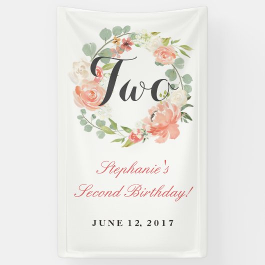 2歳の誕生日 ピンクの花輪 2 バナー 横断幕 (縦)