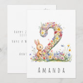 2歳の誕生日 フラワーツー＆ウサギのカード 招待状 (正面/裏面)