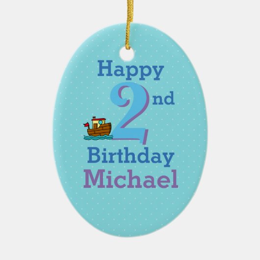 2歳の誕生日、ボートと名前 セラミックオーナメント (正面)