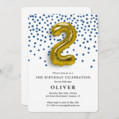 2歳の誕生日 ロイヤルブルーのコンフェッティとゴールドの風船 招待状 (正面/裏面)