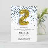 2歳の誕生日 ロイヤルブルーのコンフェッティとゴールドの風船 招待状 (スタンド正面)