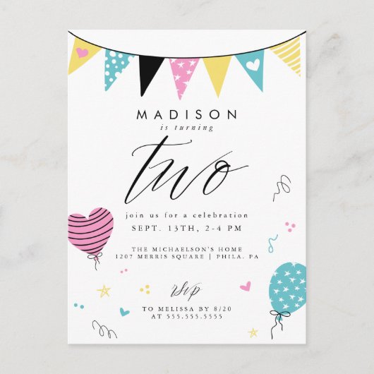 2歳の誕生日 |可愛いドードル誕生日パーティーポストカード ポストカード (正面)