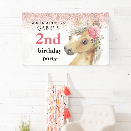 2歳の誕生日 水彩 ピンクのポニー パーティー 横断幕 (インサイチュ)