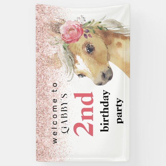 2歳の誕生日 水彩 ピンクのポニー パーティー 横断幕 (縦)