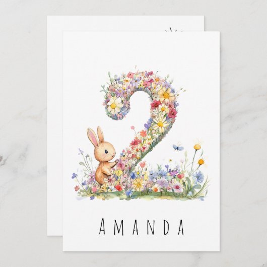 2歳の誕生日 花の2とウサギのカード 招待状 (正面/裏面)