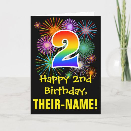 2歳の誕生日: 遊べる花火パターン + 虹色 2 カード (正面)