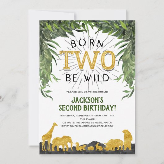 2歳の誕生日、野生まれ生のサファリ·アニマル。 招待状 (正面)