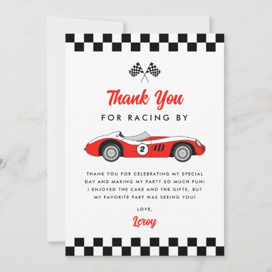 2歳の速い赤いヴィンテージ レース カー男子 誕生日パーティー サンキューカード (正面)