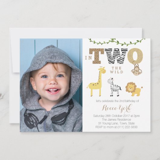 2歳の野生の2歳の誕生日サファリパーティーで男の子 招待状 (正面)