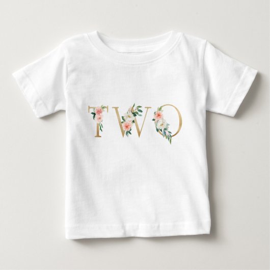 2歳の金ゴールドと赤面フローラアルファベット ベビーTシャツ (正面)