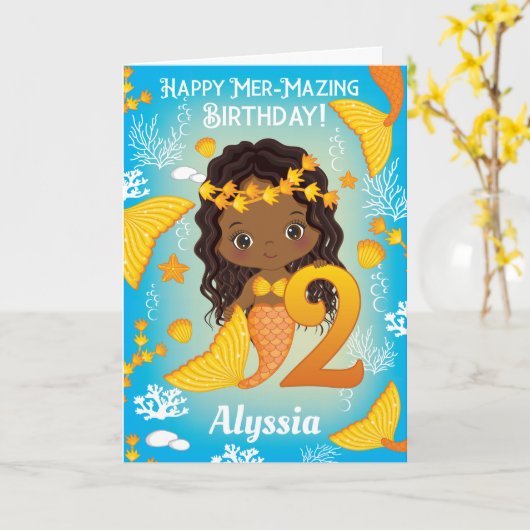 2歳の黒人の人魚 |ハッピーバースデーカード カード (黄色い花)