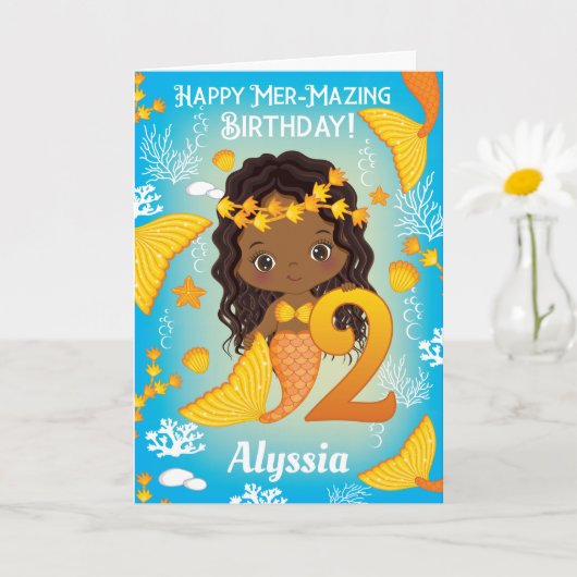2歳の黒人の人魚  |ハッピーバースデーカード カード (小さな植物)
