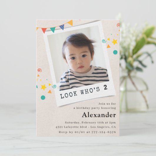 2歳シンプル目の誕生日招待状ブルーフォト 招待状 (スタンド正面)