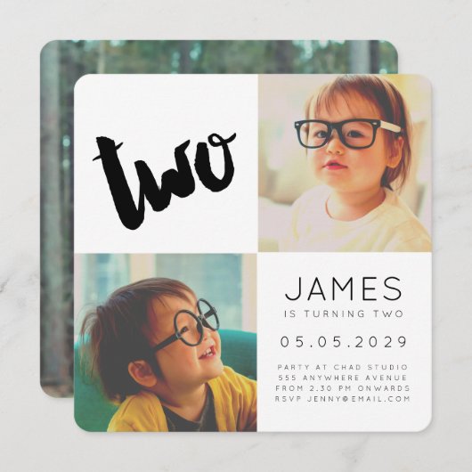 2歳モダンの2歳の誕生日パーティー男の子フォトカード 招待状 (正面/裏面)