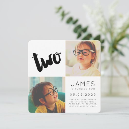 2歳モダンの2歳の誕生日パーティー男の子フォトカード 招待状 (スタンド正面)