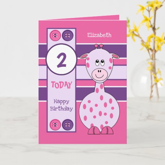 2歳任意の年齢キリン子供の誕生日ピンク カード (黄色い花)