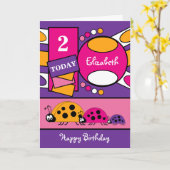 2歳任意の年齢レディバード紫色のピンク カード (黄色い花)