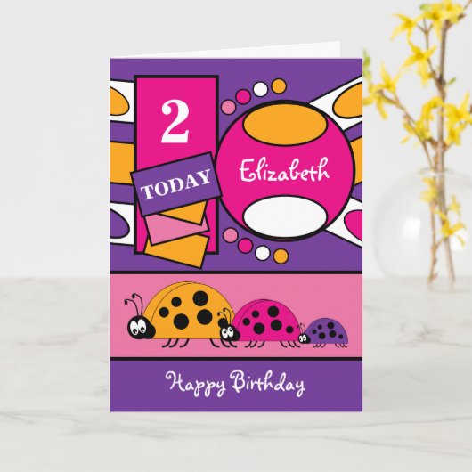 2歳任意の年齢レディバード紫色のピンク カード (黄色い花)